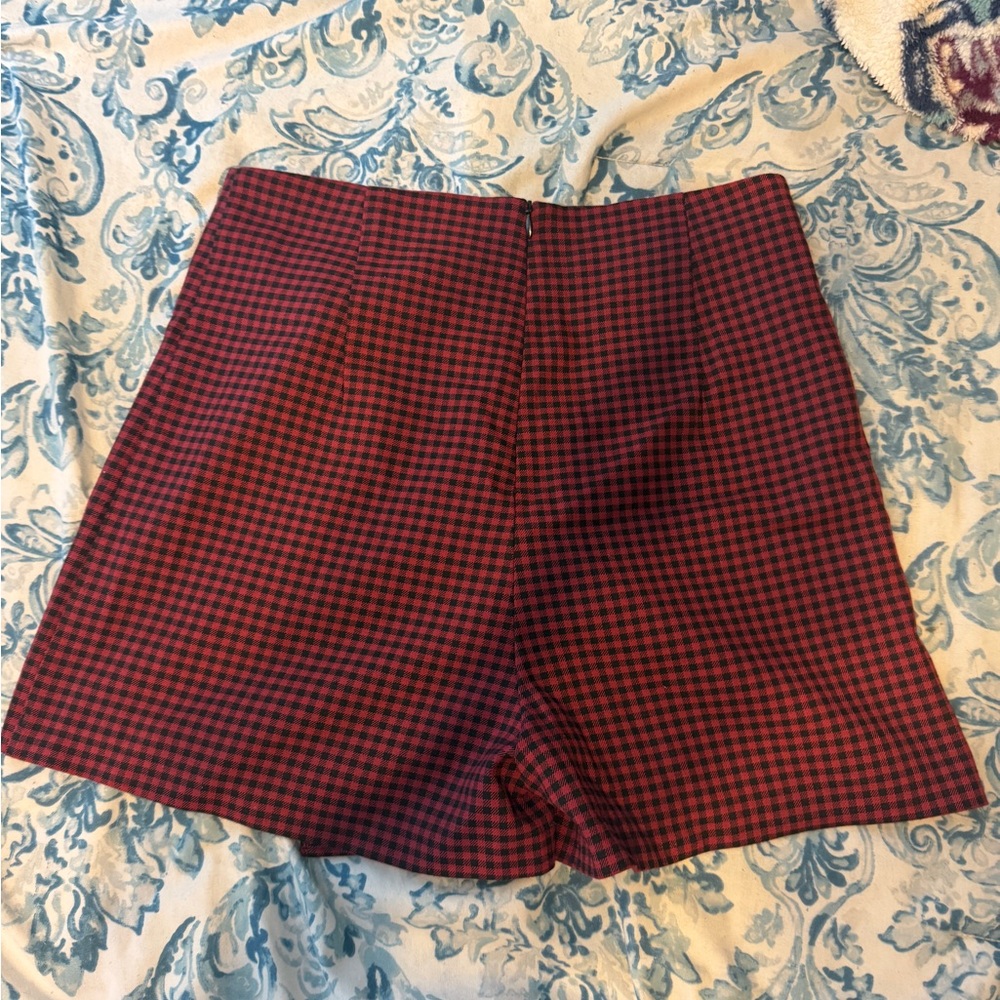 Zara red and black plaid mini skort with side ruffle